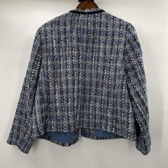 Express Womens Blazer Jacket Womens XL Blue Plaid Boucle Eyelash Tweed Open - Picture 4 of 10